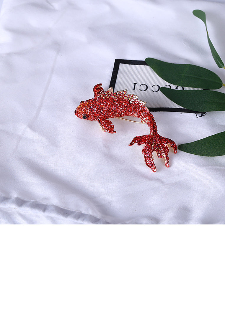 Fashion and Lovely Plated Gold Koi Brooch with Red Cubic Zirconia - Luxurious Look - Vibrant Color