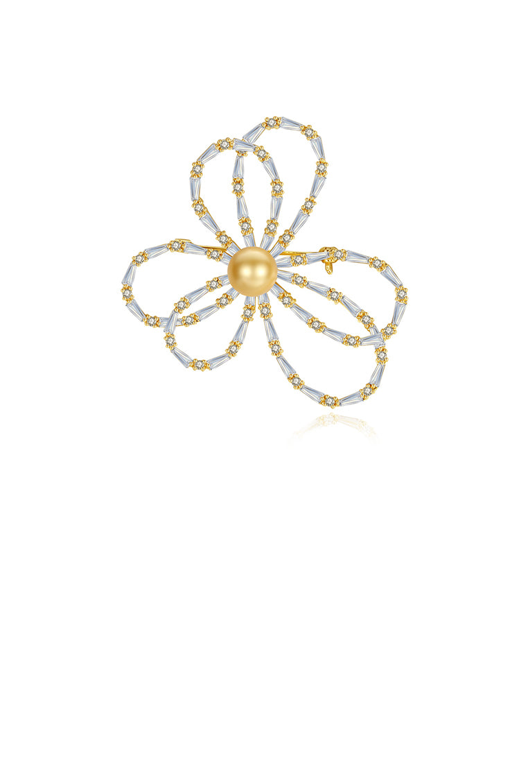 Simple and Fashion Plated Gold Flower Champagne Imitation Pearl Brooch with Cubic Zirconia - Luxurious Look