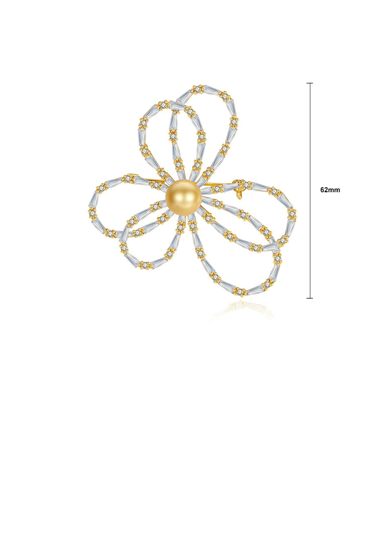 Simple and Fashion Plated Gold Flower Champagne Imitation Pearl Brooch with Cubic Zirconia - Luxurious Look