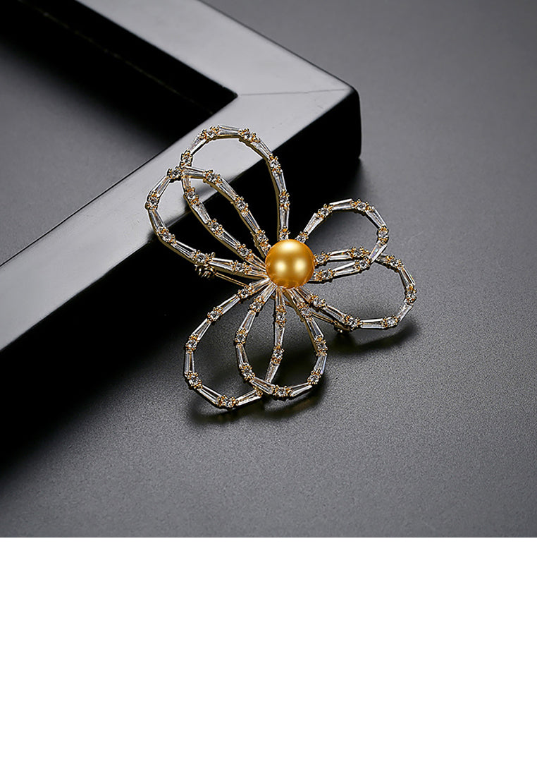 Simple and Fashion Plated Gold Flower Champagne Imitation Pearl Brooch with Cubic Zirconia - Luxurious Look