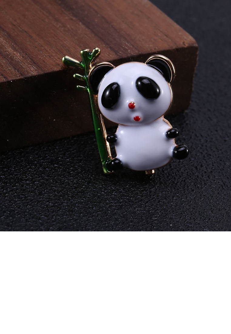 Simple and Cute Plated Gold Panda Bamboo Brooch
