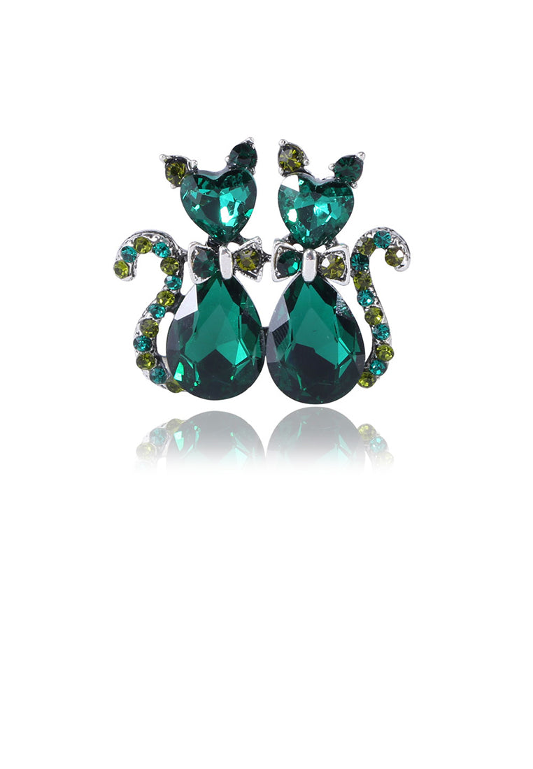 Simple and Cute Double Cat Brooch with Green Cubic Zirconia - Luxurious Look