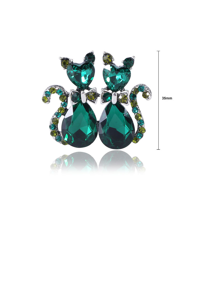 Simple and Cute Double Cat Brooch with Green Cubic Zirconia - Luxurious Look