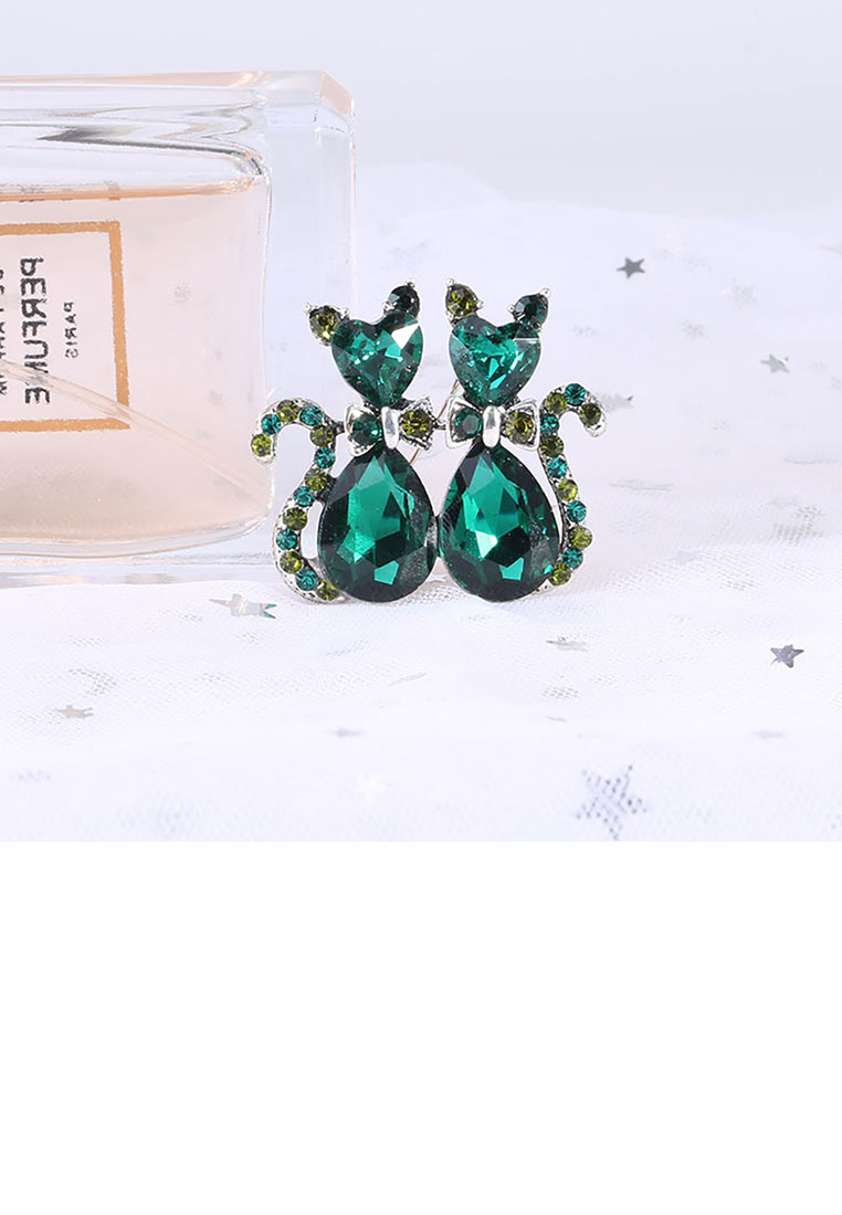 Simple and Cute Double Cat Brooch with Green Cubic Zirconia - Luxurious Look