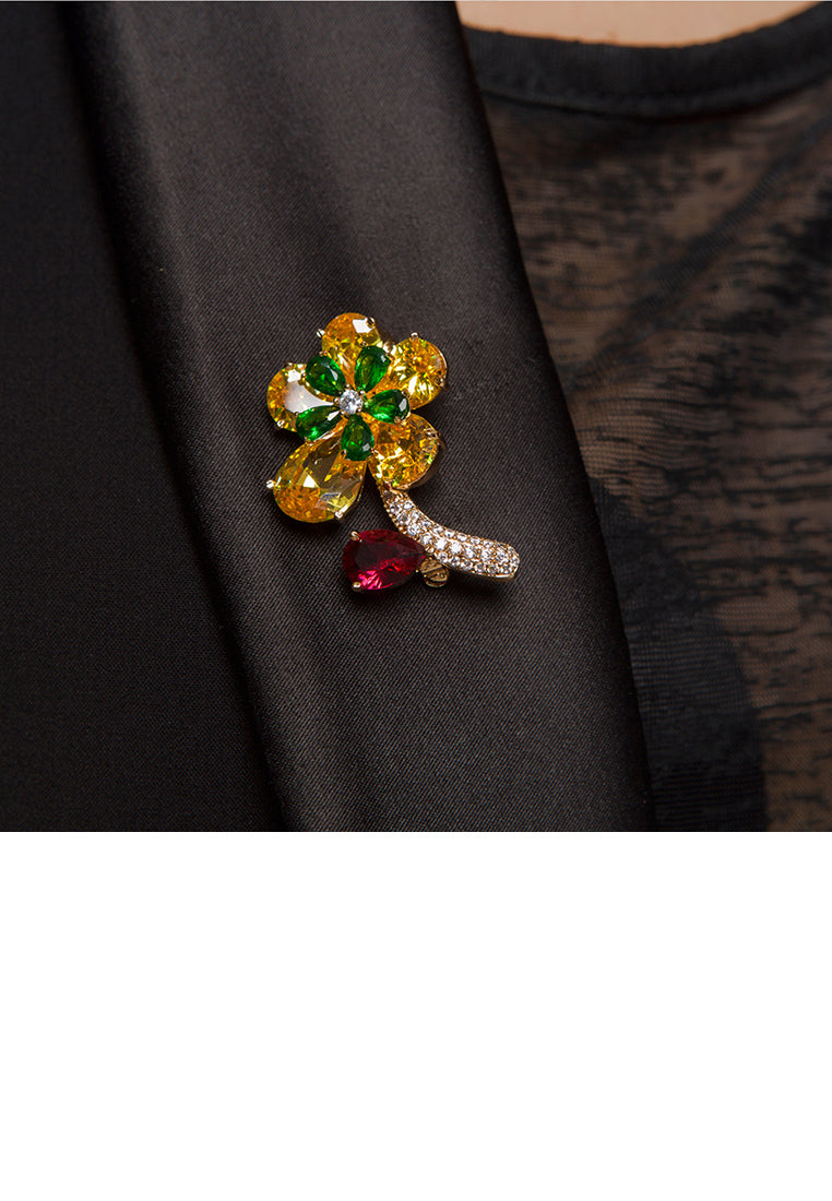 Fashion Simple Plated Gold Yellow Flower Brooch with Cubic Zirconia - Luxurious Look