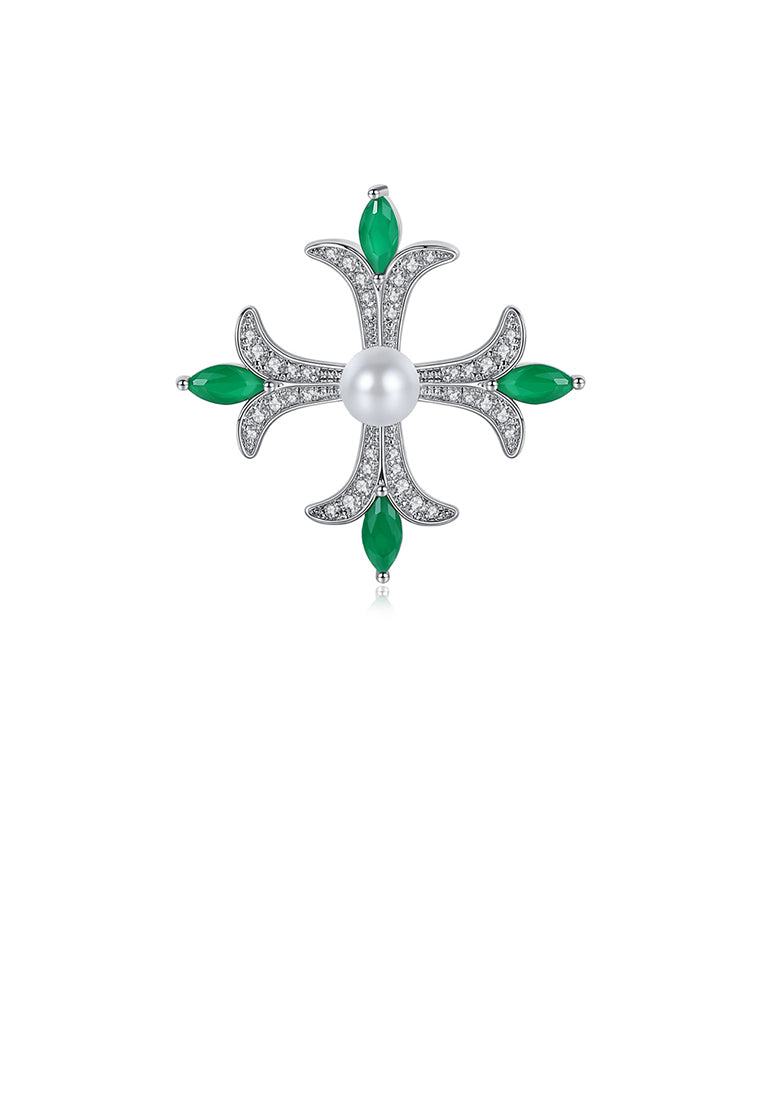 Simple and Elegant Pattern Cross Imitation Pearl Brooch with Cubic Zirconia - Luxurious Look