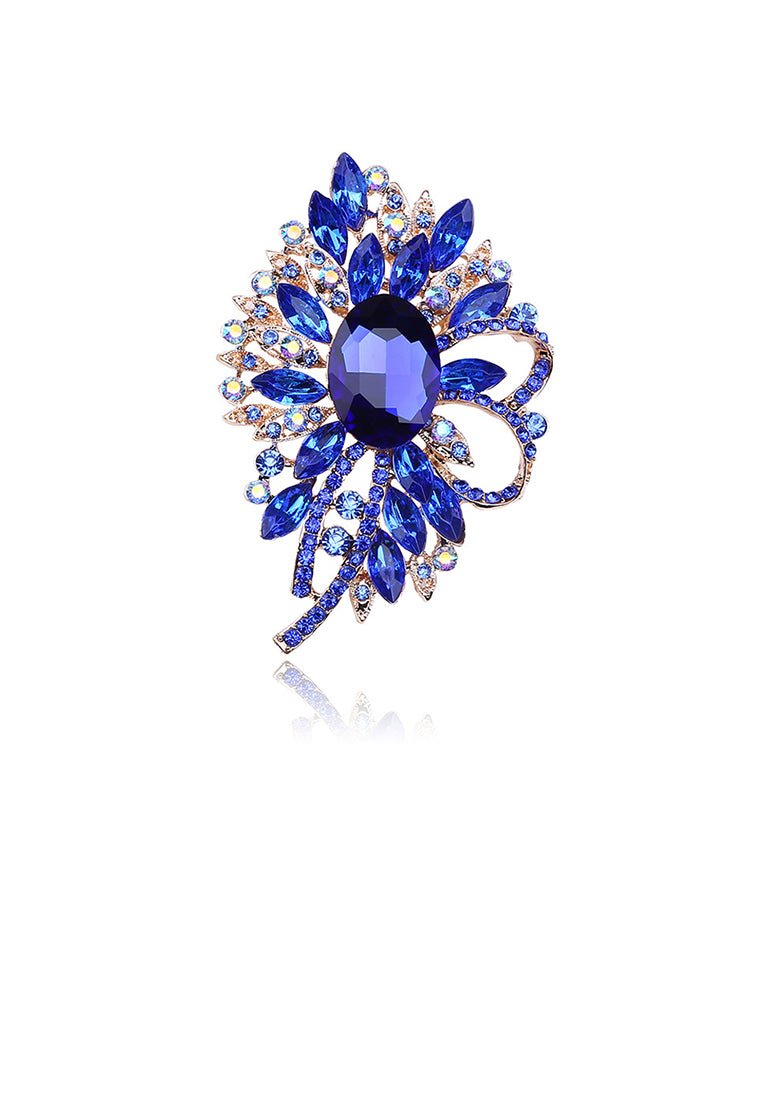 Elegant and Bright Plated Gold Geometric Flower Brooch with Blue Cubic Zirconia - Luxurious Look
