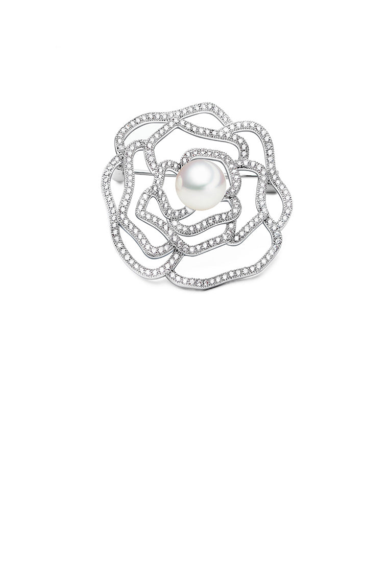 Simple and Elegant Hollow Flower Imitation Pearl Brooch with Cubic Zirconia - Luxurious Look