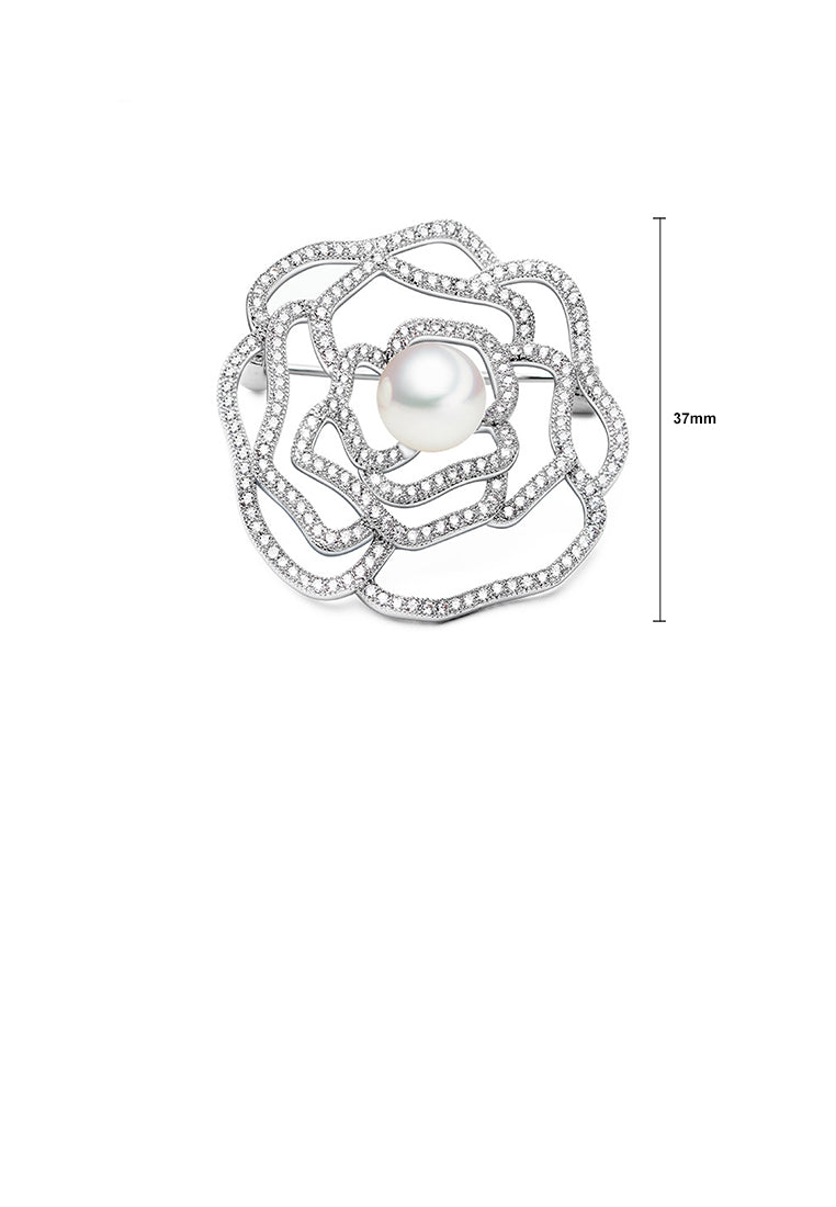 Simple and Elegant Hollow Flower Imitation Pearl Brooch with Cubic Zirconia - Luxurious Look