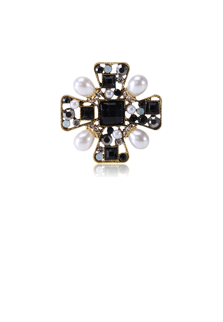 Fashion Vintage Plated Gold Cross Imitation Pearl Brooch with Cubic Zirconia - Luxurious Look