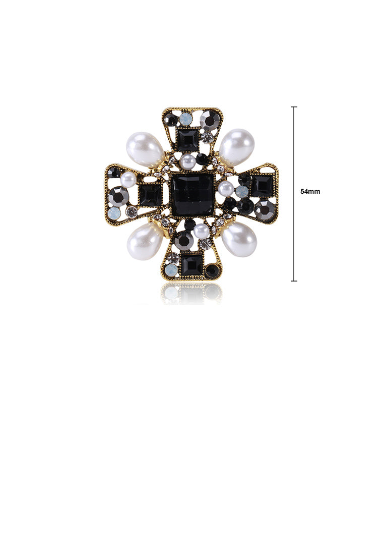 Fashion Vintage Plated Gold Cross Imitation Pearl Brooch with Cubic Zirconia - Luxurious Look