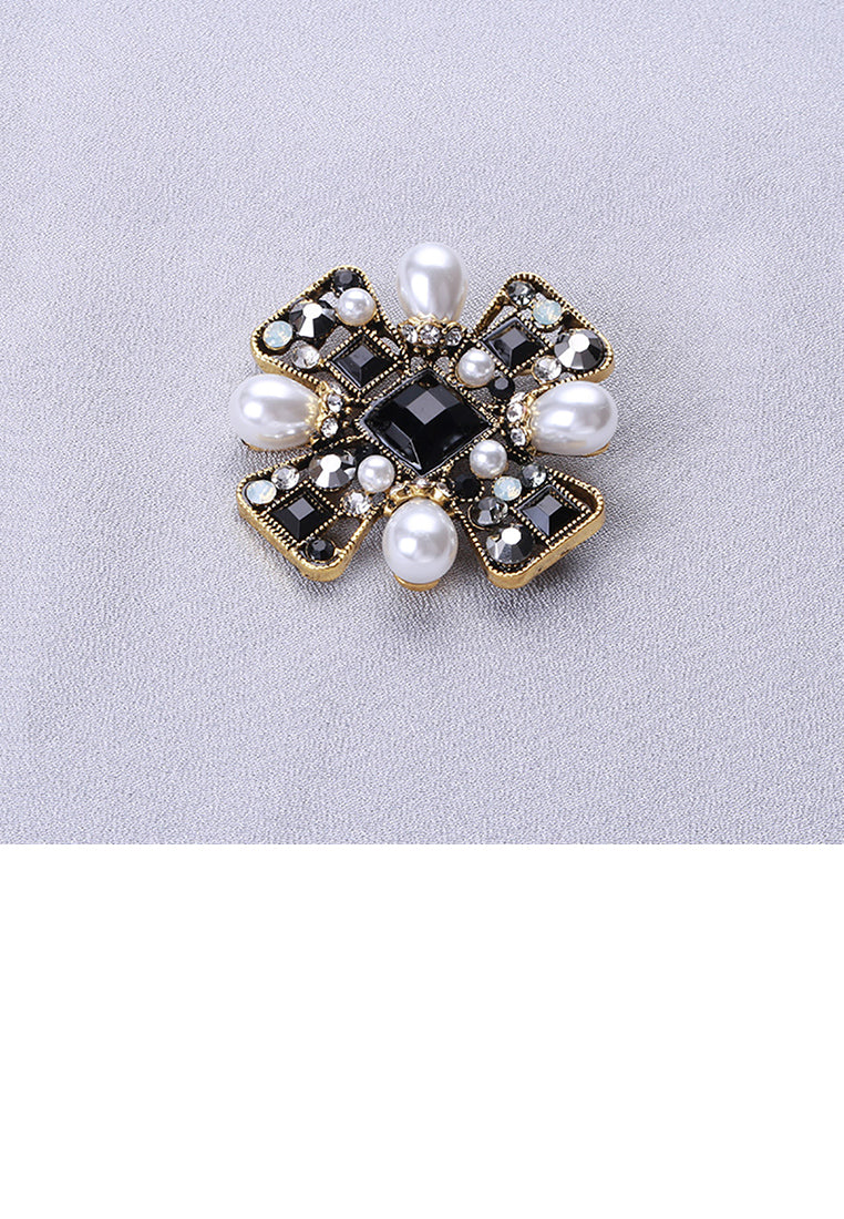 Fashion Vintage Plated Gold Cross Imitation Pearl Brooch with Cubic Zirconia - Luxurious Look