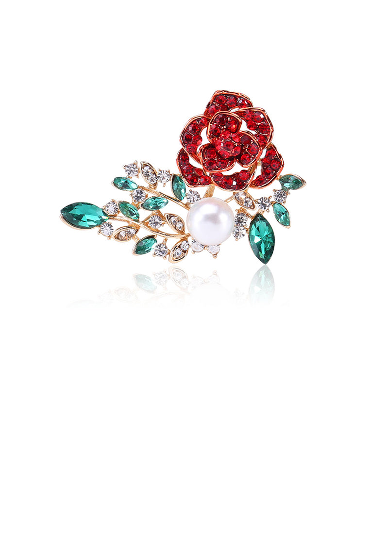 Fashion and Elegant Plated Gold Flower Imitation Pearl Brooch with Red Cubic Zirconia - Luxurious Look - Vibrant Color