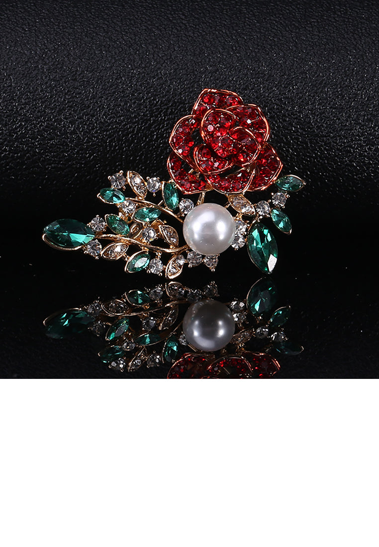 Fashion and Elegant Plated Gold Flower Imitation Pearl Brooch with Red Cubic Zirconia - Luxurious Look - Vibrant Color