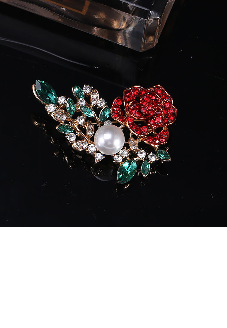 Fashion and Elegant Plated Gold Flower Imitation Pearl Brooch with Red Cubic Zirconia - Luxurious Look - Vibrant Color