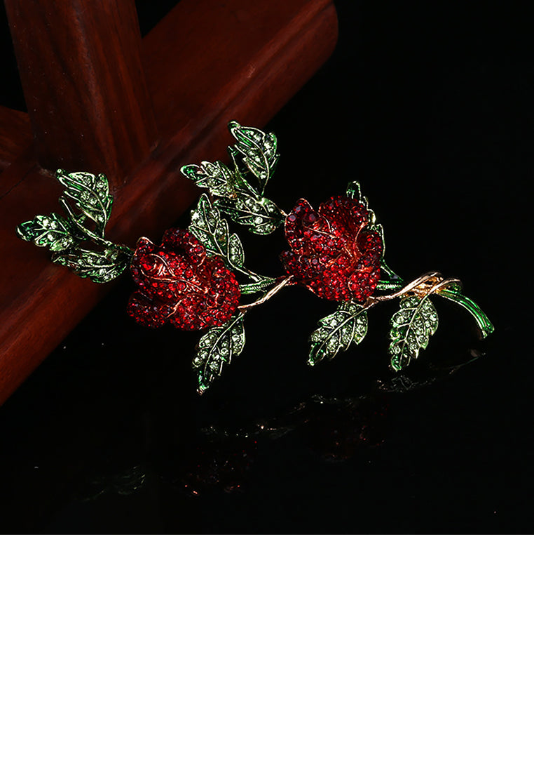 Fashion and Elegant Red Rose Cubic Zirconia Brooch - Luxurious Look - Vibrant Color
