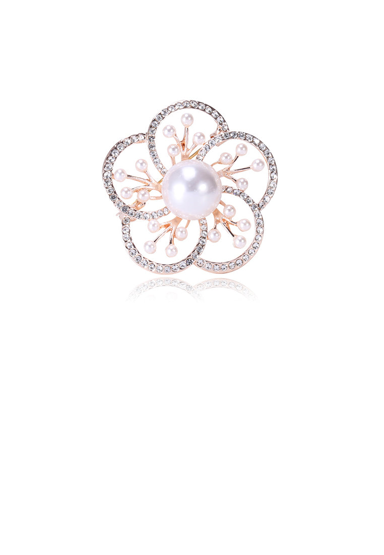 Simple and Elegant Plated Gold Hollow Flower Imitation Pearl Brooch with Cubic Zirconia - Luxurious Look