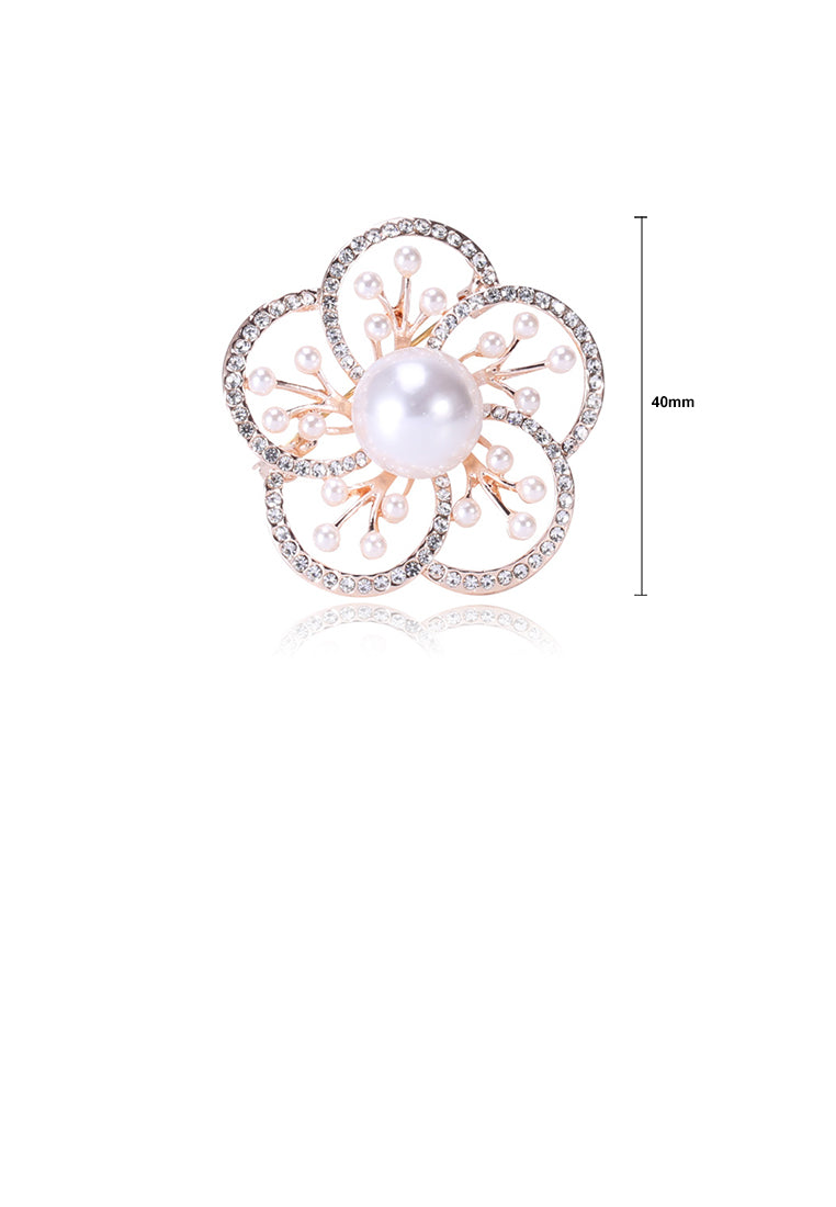 Simple and Elegant Plated Gold Hollow Flower Imitation Pearl Brooch with Cubic Zirconia - Luxurious Look