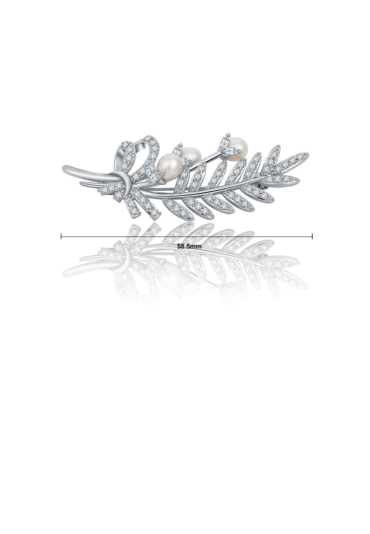 Simple Temperament Leaf Imitation Pearl Brooch with Cubic Zirconia - Luxurious Look