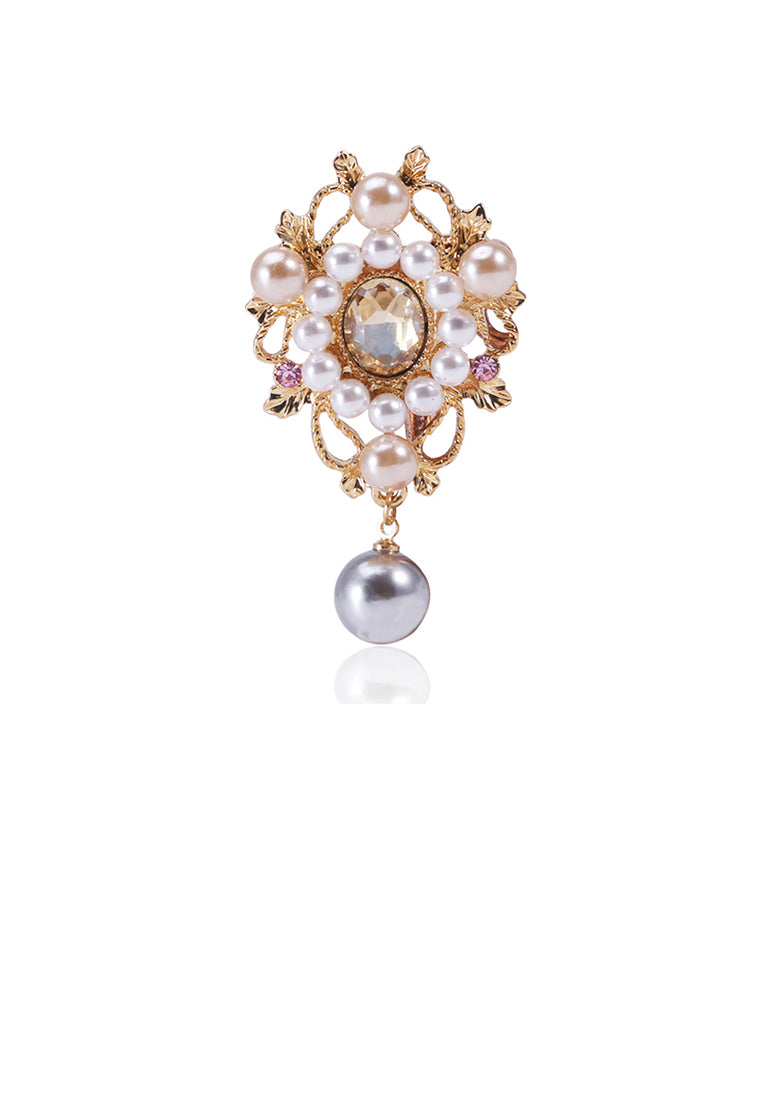 Fashion and Elegant Plated Gold Geometric Pattern Imitation Pearl Brooch with Cubic Zirconia - Luxurious Look