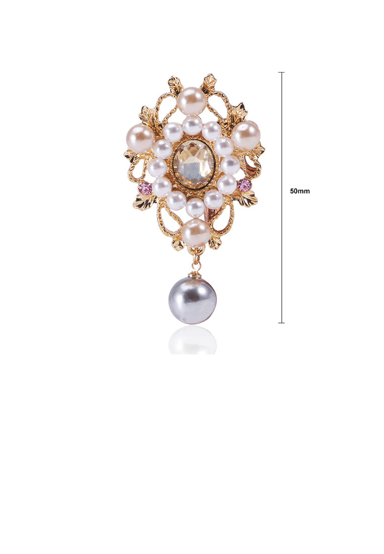 Fashion and Elegant Plated Gold Geometric Pattern Imitation Pearl Brooch with Cubic Zirconia - Luxurious Look