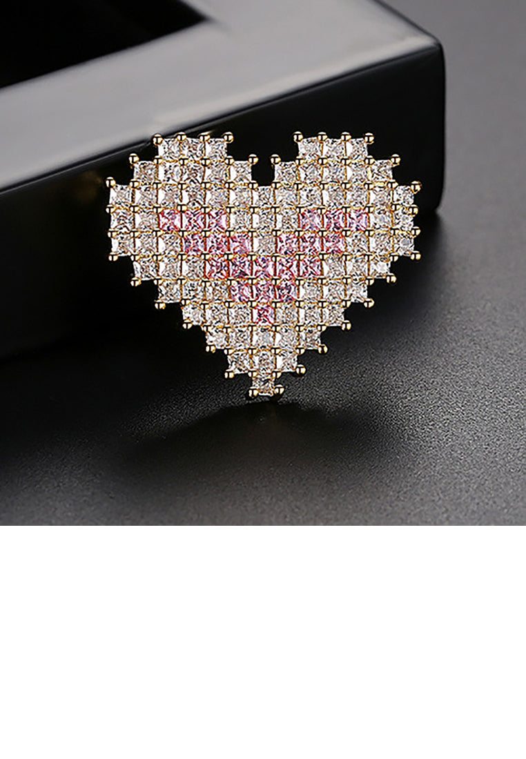 Simple and Bright Plated Gold Heart-shaped Brooch with Pink Cubic Zirconia - Luxurious Look - Vibrant Color