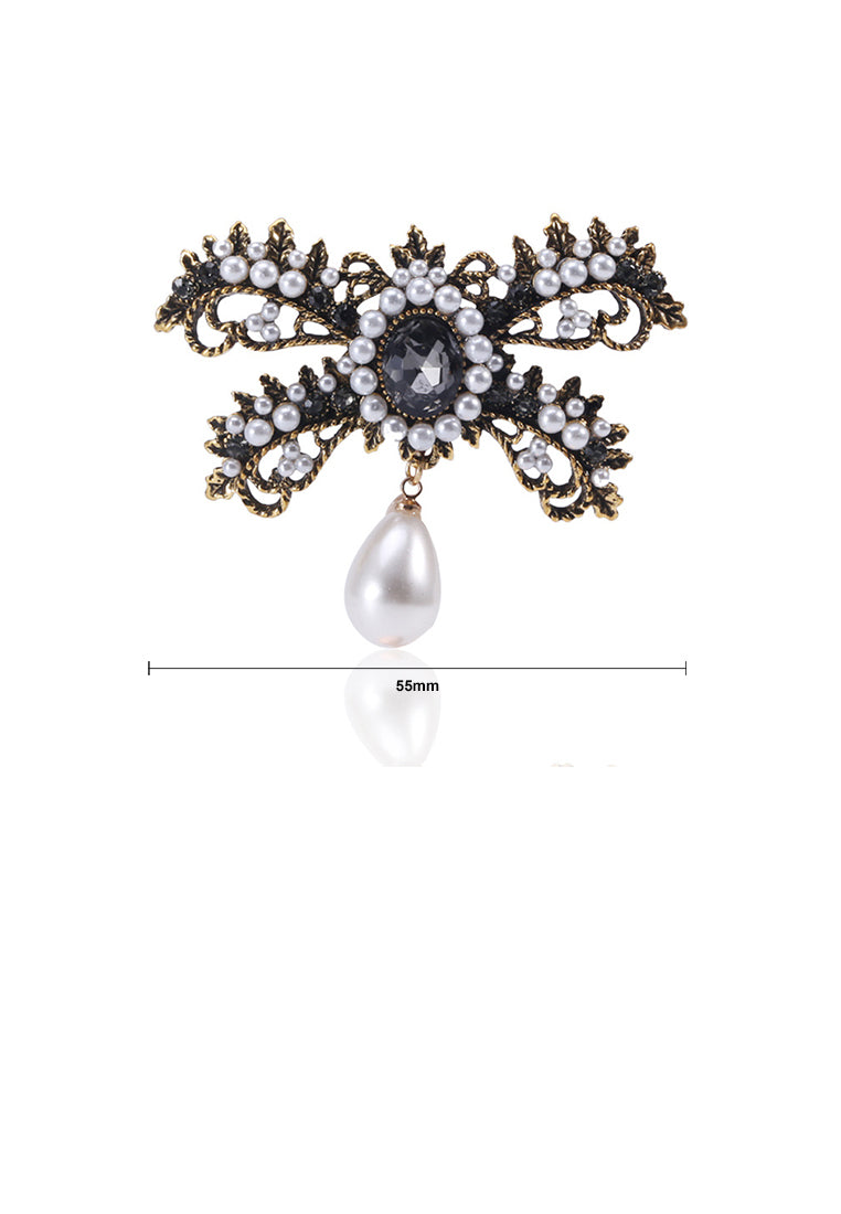 Elegant Vintage Plated Gold Ribbon Imitation Pearl Brooch with Black Cubic Zirconia - Luxurious Look