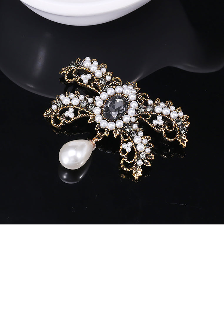 Elegant Vintage Plated Gold Ribbon Imitation Pearl Brooch with Black Cubic Zirconia - Luxurious Look