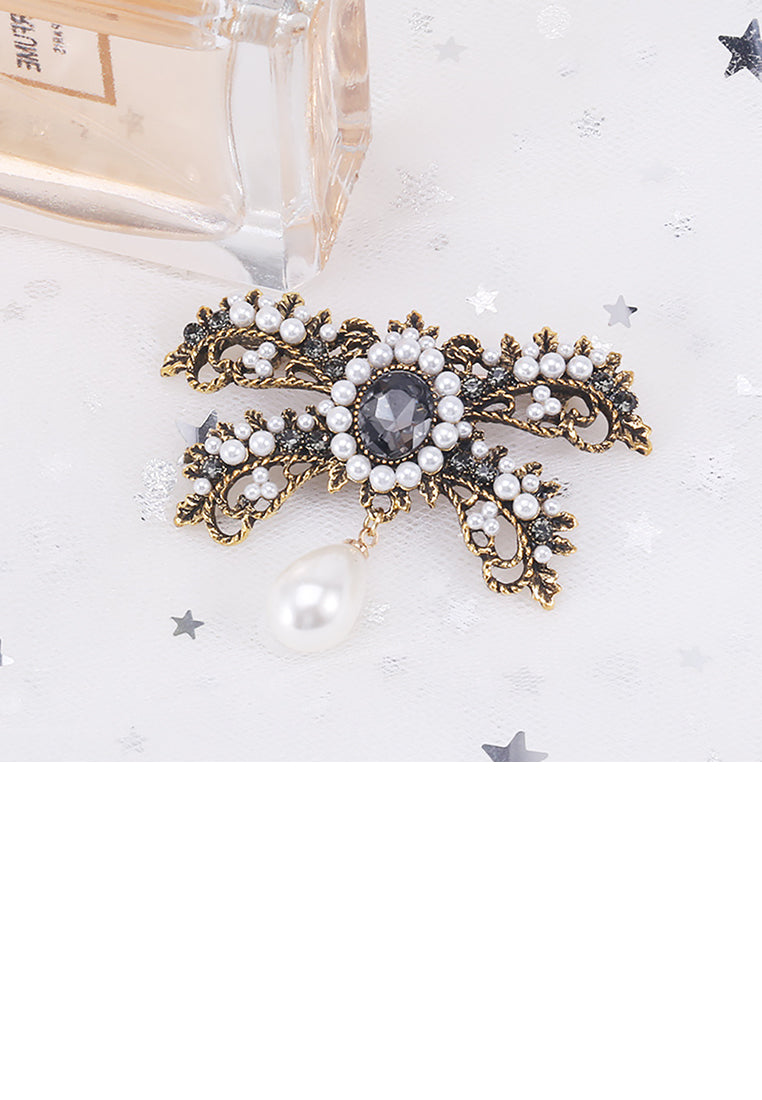 Elegant Vintage Plated Gold Ribbon Imitation Pearl Brooch with Black Cubic Zirconia - Luxurious Look