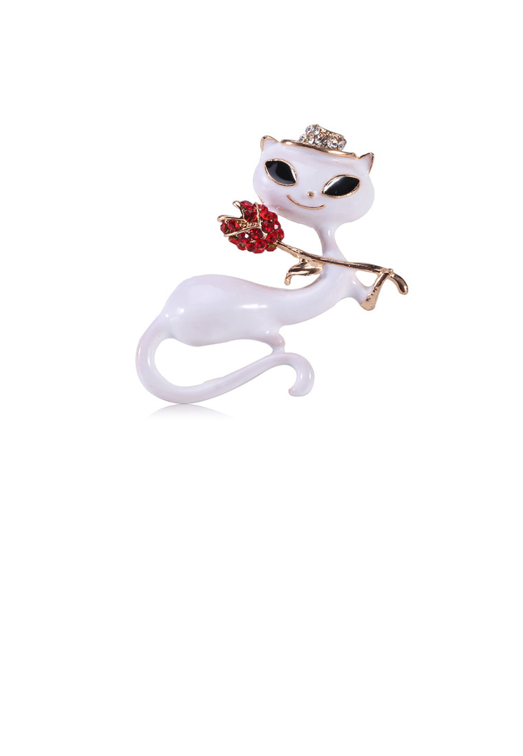Simple and Cute Plated Gold White Cat Brooch with Red Cubic Zirconia - Luxurious Look - Vibrant Color
