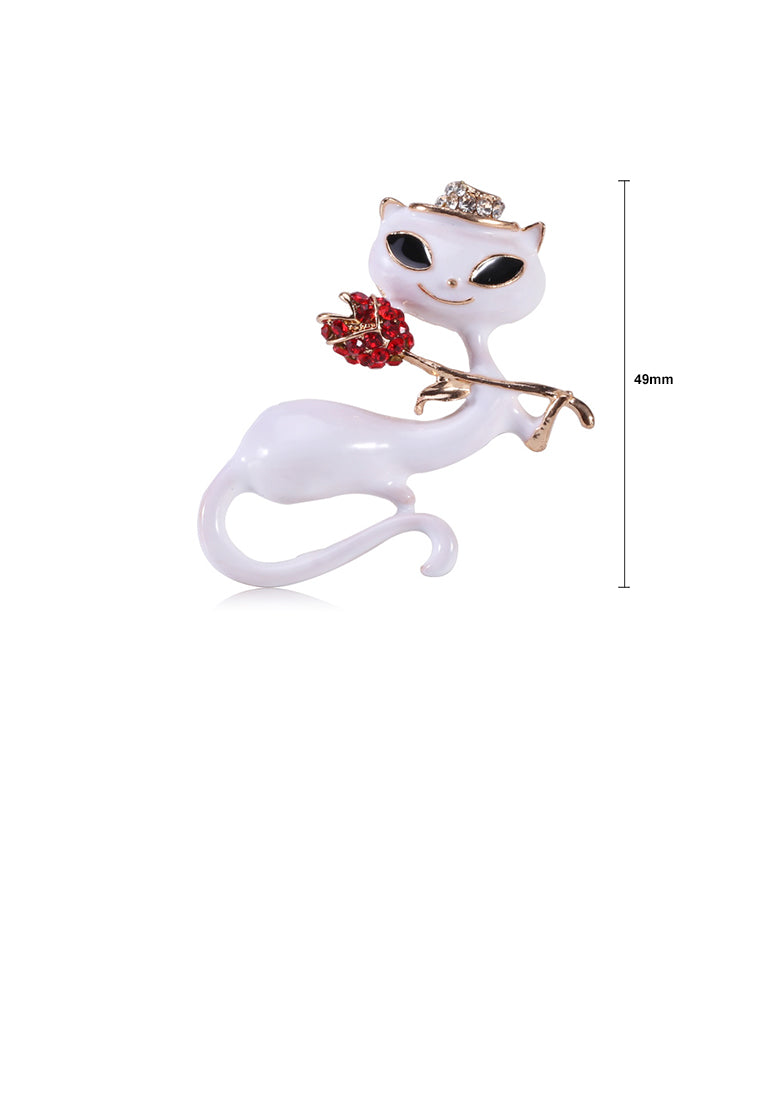 Simple and Cute Plated Gold White Cat Brooch with Red Cubic Zirconia - Luxurious Look - Vibrant Color
