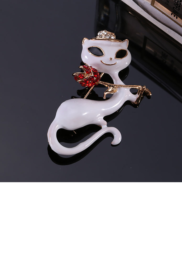 Simple and Cute Plated Gold White Cat Brooch with Red Cubic Zirconia - Luxurious Look - Vibrant Color