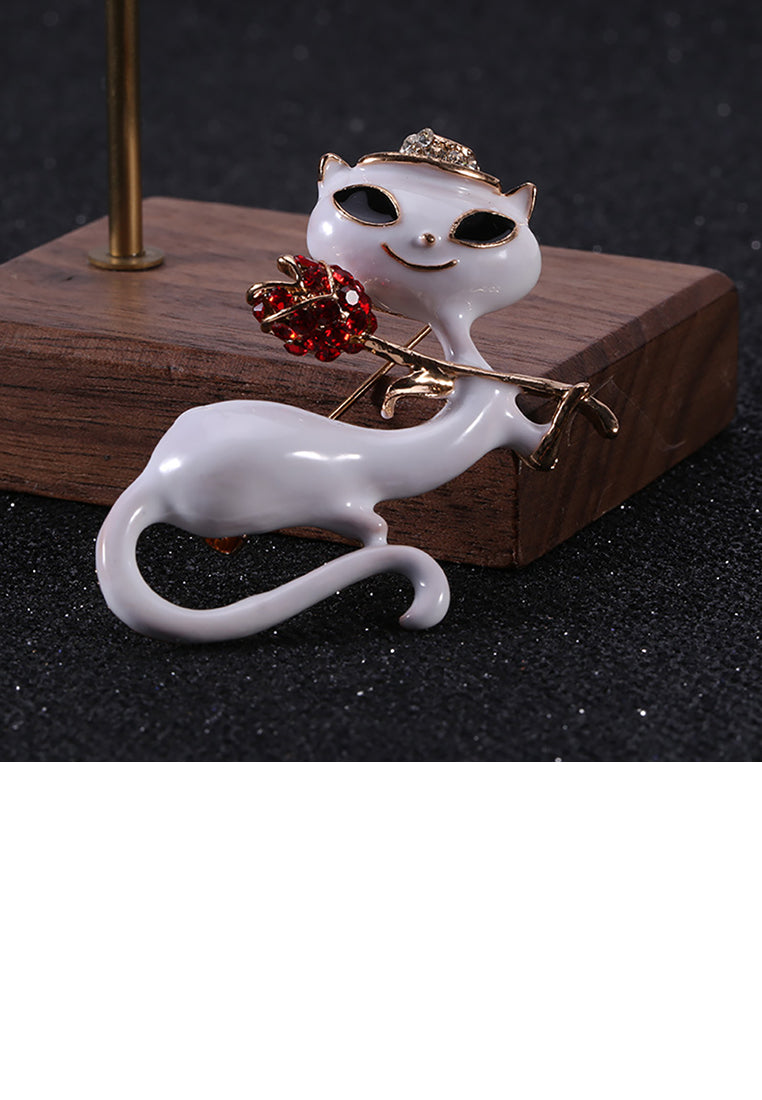 Simple and Cute Plated Gold White Cat Brooch with Red Cubic Zirconia - Luxurious Look - Vibrant Color