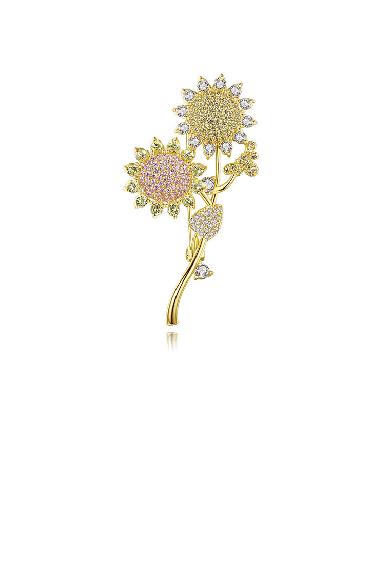 Fashion and Elegant Plated Gold Sunflower Brooch with Cubic Zirconia - Luxurious Look