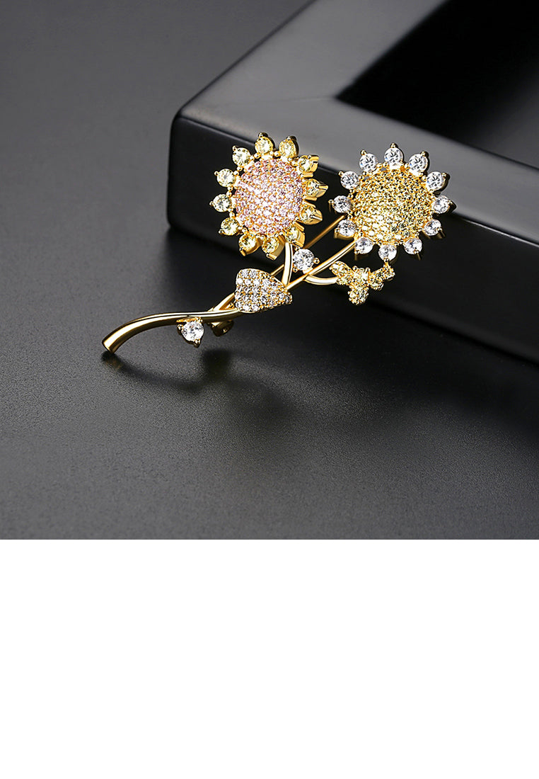 Fashion and Elegant Plated Gold Sunflower Brooch with Cubic Zirconia - Luxurious Look