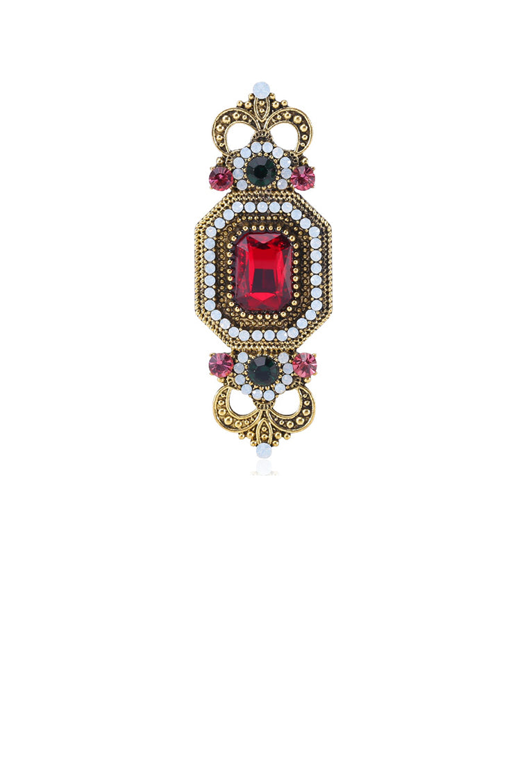 Fashion Vintage Plated Gold Geometric Brooch with Red Cubic Zirconia - Luxurious Look - Vibrant Color