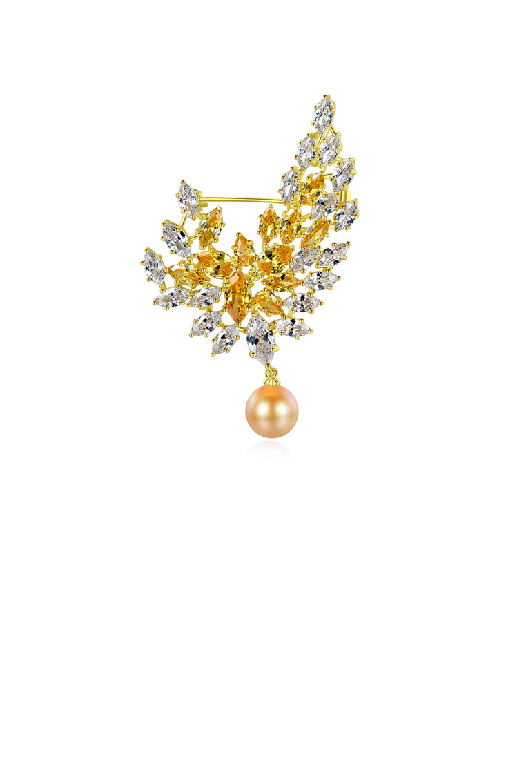 Fashion and Elegant Plated Gold Leaf Champagne Imitation Pearl Brooch with Cubic Zirconia - Luxurious Look