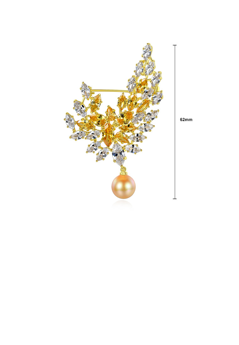 Fashion and Elegant Plated Gold Leaf Champagne Imitation Pearl Brooch with Cubic Zirconia - Luxurious Look