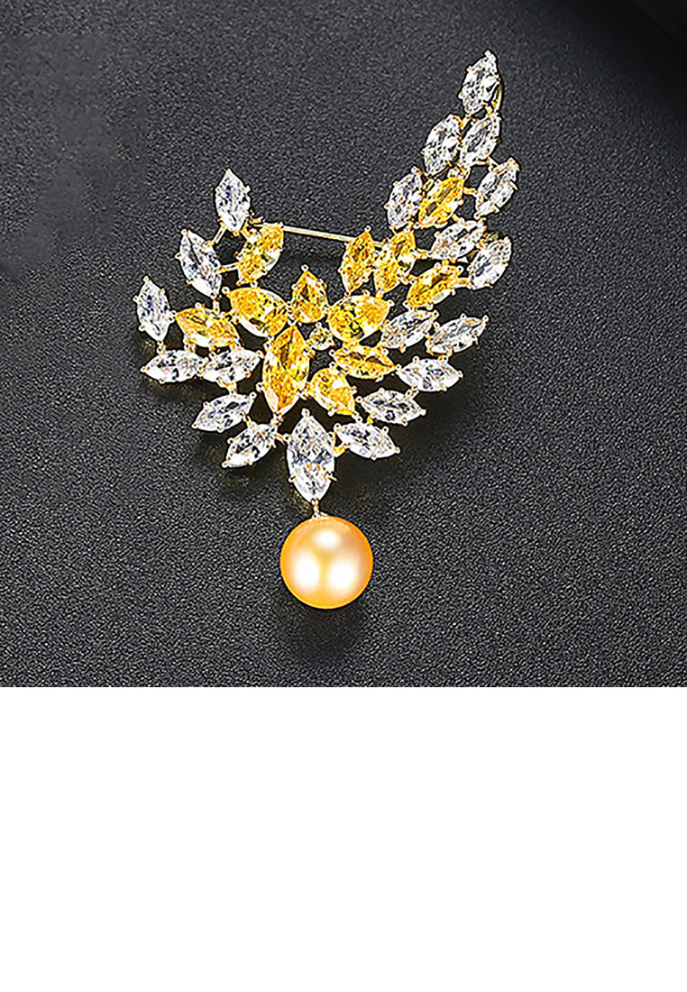 Fashion and Elegant Plated Gold Leaf Champagne Imitation Pearl Brooch with Cubic Zirconia - Luxurious Look