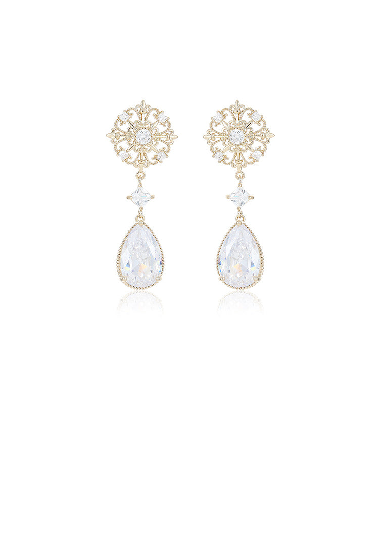Elegant Vintage Plated Gold Hollow Pattern Water Drop Earrings with Cubic Zirconia - Luxurious Look