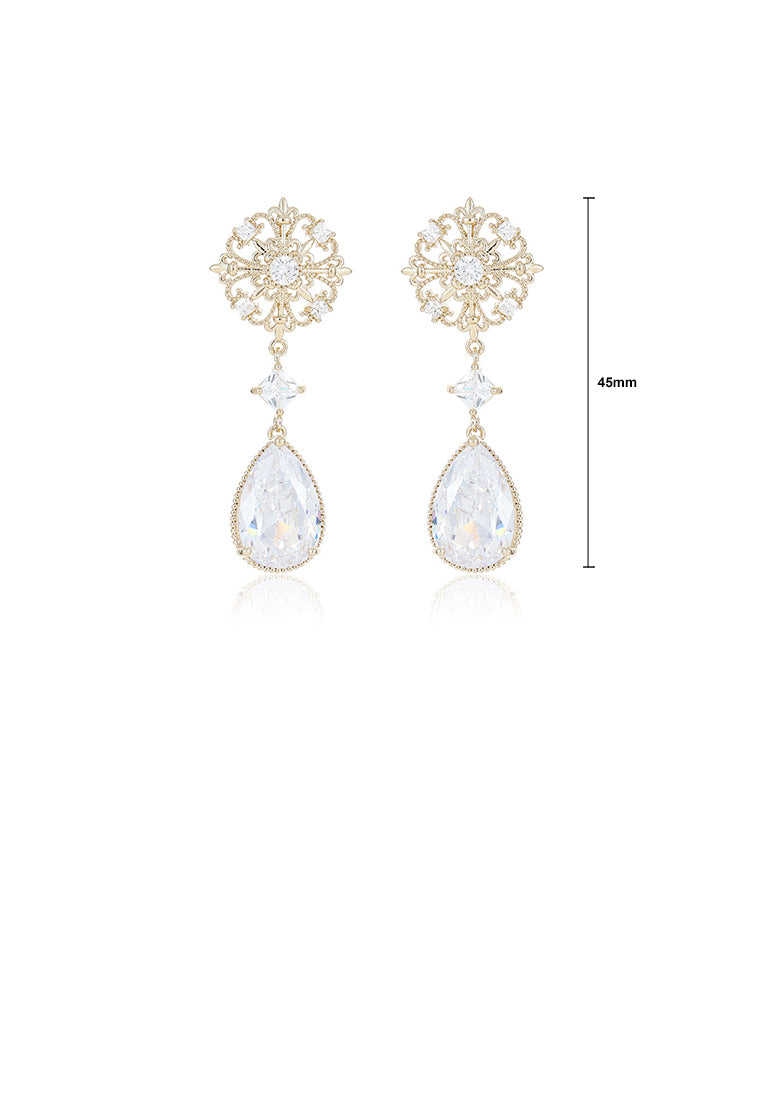 Elegant Vintage Plated Gold Hollow Pattern Water Drop Earrings with Cubic Zirconia - Luxurious Look