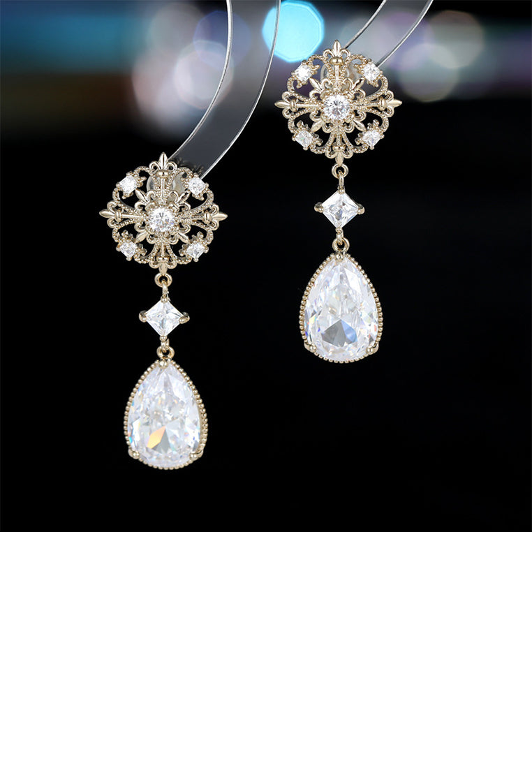 Elegant Vintage Plated Gold Hollow Pattern Water Drop Earrings with Cubic Zirconia - Luxurious Look