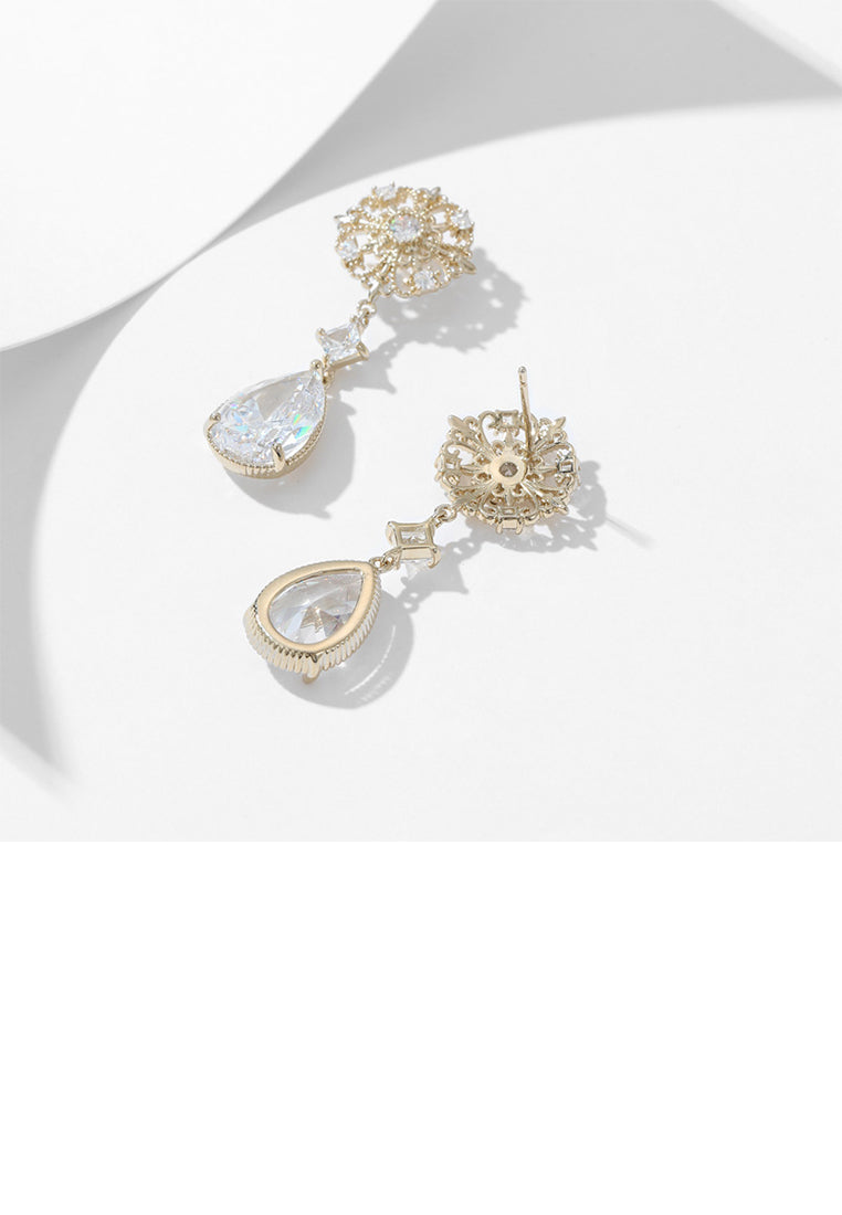 Elegant Vintage Plated Gold Hollow Pattern Water Drop Earrings with Cubic Zirconia - Luxurious Look