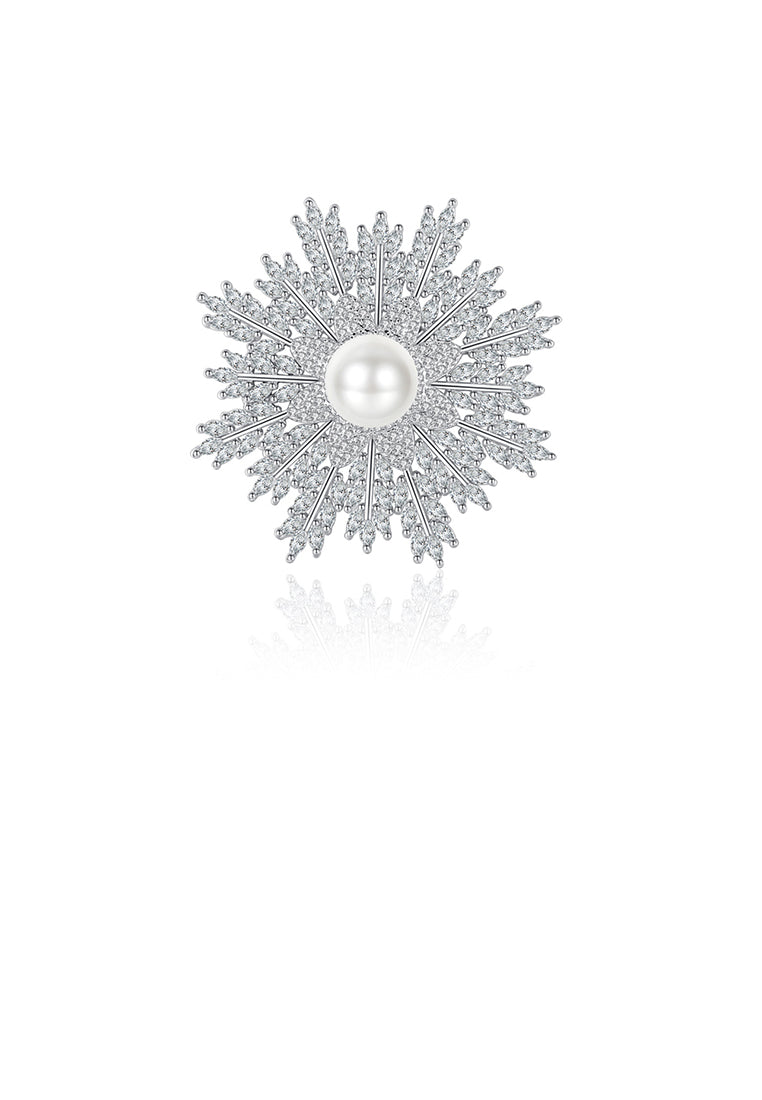 Elegant and Bright Snowflake Imitation Pearl Brooch with Cubic Zirconia - Luxurious Look