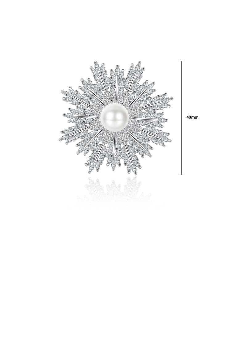 Elegant and Bright Snowflake Imitation Pearl Brooch with Cubic Zirconia - Luxurious Look