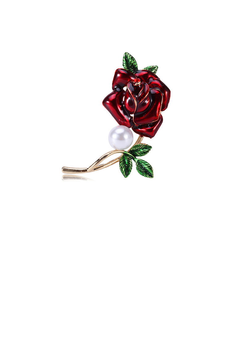 Fashion and Elegant Plated Gold Red Rose Imitation Pearl Brooch - Luxurious Look - Vibrant Color