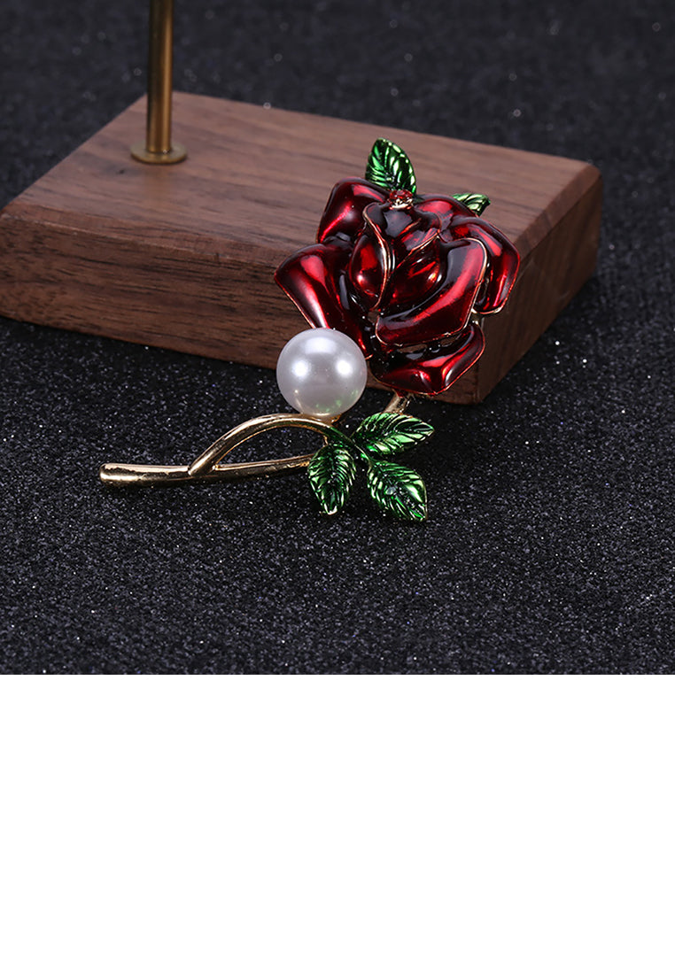 Fashion and Elegant Plated Gold Red Rose Imitation Pearl Brooch - Luxurious Look - Vibrant Color