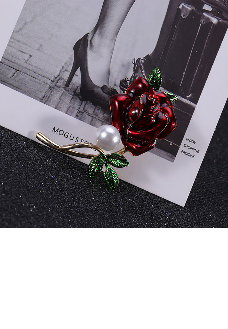 Fashion and Elegant Plated Gold Red Rose Imitation Pearl Brooch - Luxurious Look - Vibrant Color