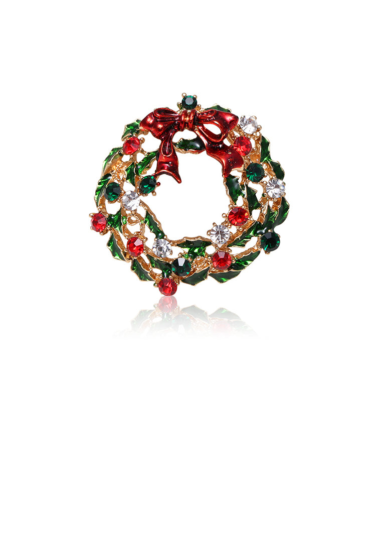 Fashion Creative Plated Gold Christmas Ribbon Wreath Brooch with Cubic Zirconia - Luxurious Look