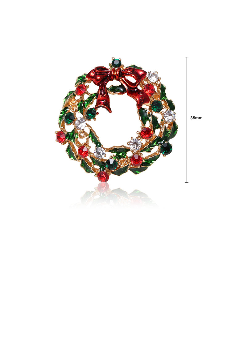 Fashion Creative Plated Gold Christmas Ribbon Wreath Brooch with Cubic Zirconia - Luxurious Look